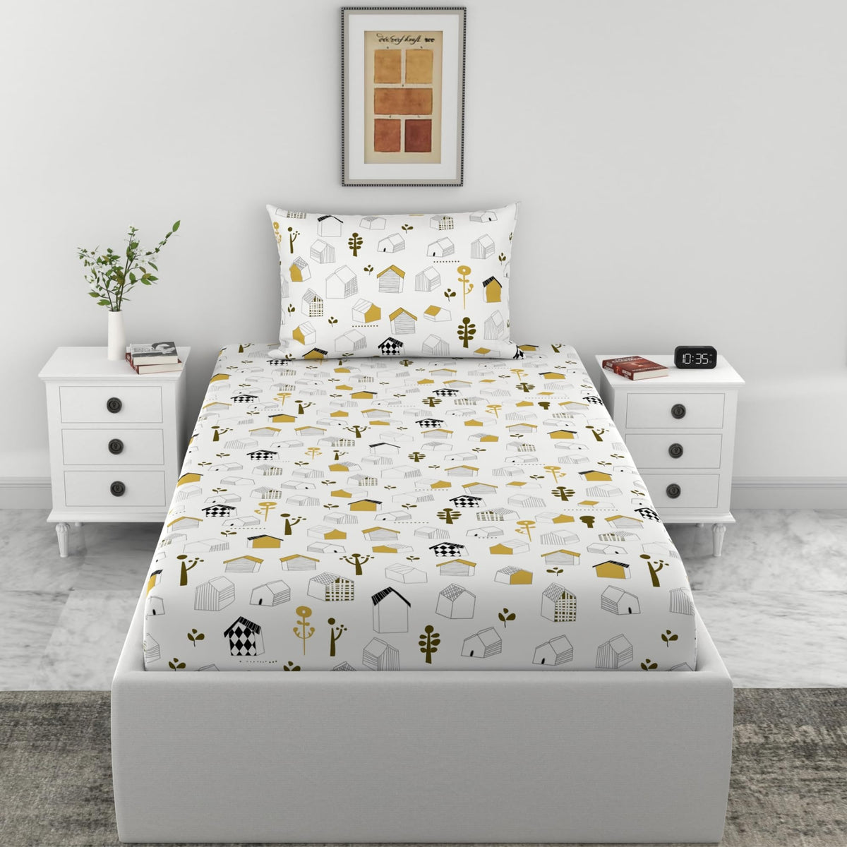 Loreto White Kids House Pattern Single Fitted Bedsheet | 100% Cotton | Fits 72 x 36 Inches | 8 Inch Pocket - main product image