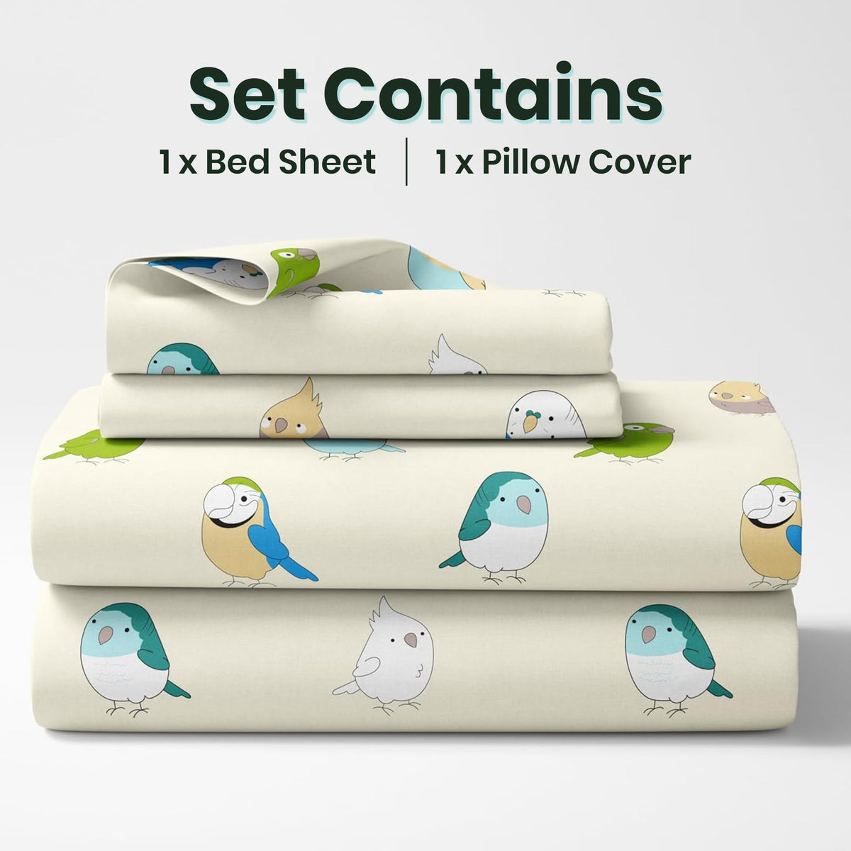 Multicolor Birds 100% Cotton Single Bed Bedsheet with Pillow Cover | 186 TC Percale Weave | Soft, Durable & Breathable Flat Sheet 58 x 88 Inches