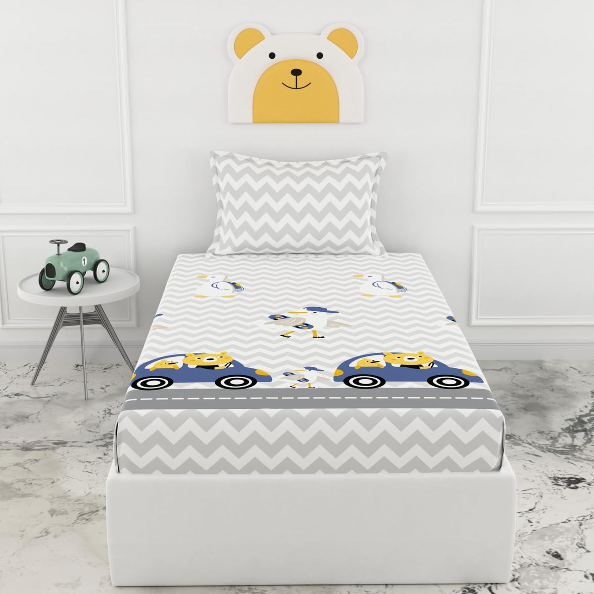 Loreto Car Ride Single Fitted Bedsheet | 186 TC | 100% Cotton | Fits 78 x 36 Inches | 8 Inch Pocket - main product image