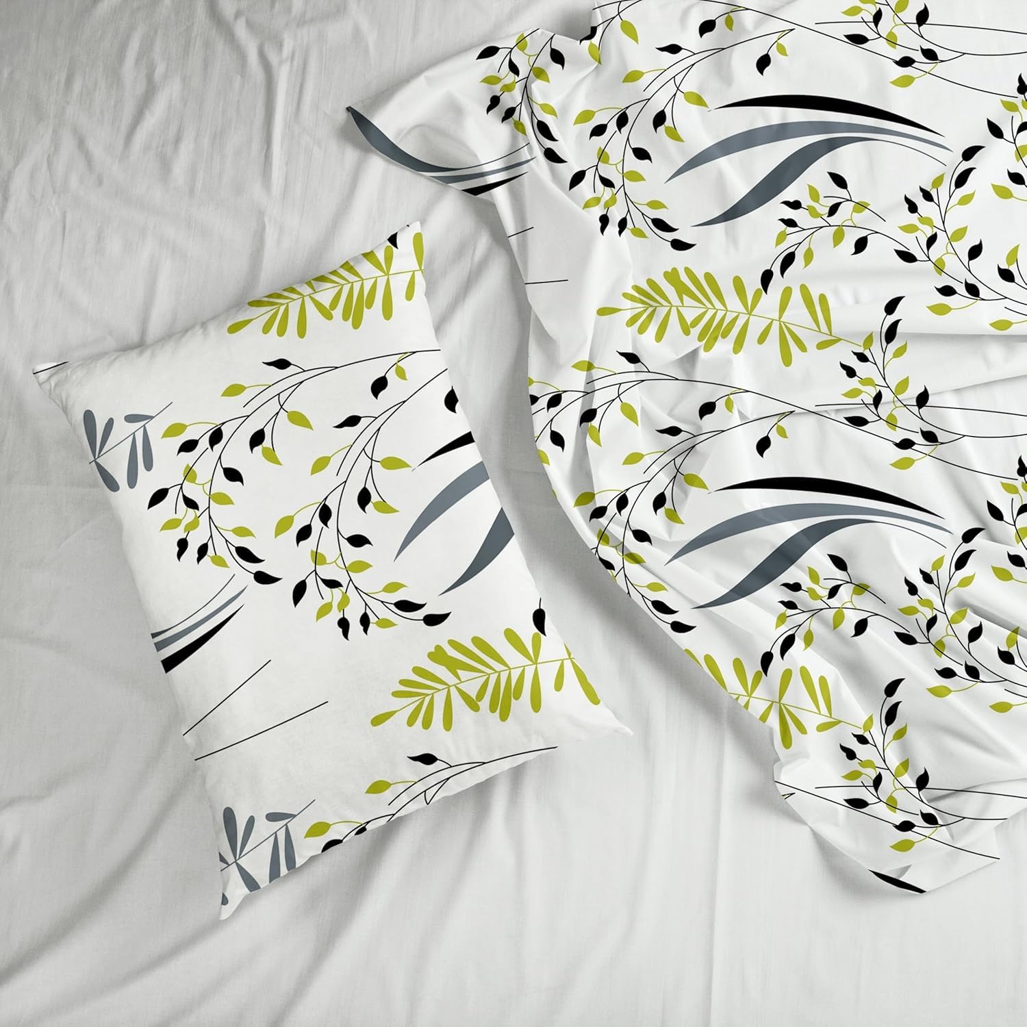 Olive & Charcoal Leaf 186 TC Cotton Fitted Bedsheet for King Size Bed with 2 Pillow Covers - Deep Pocket Elastic, 78 x 72 Inches