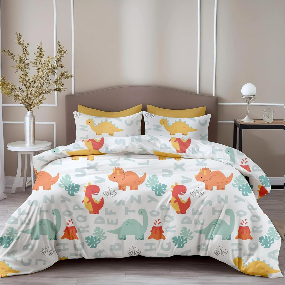 Loreto Cotton King Bedsheet | Orange & Mint Alphabet Dino Play Soft & Breathable