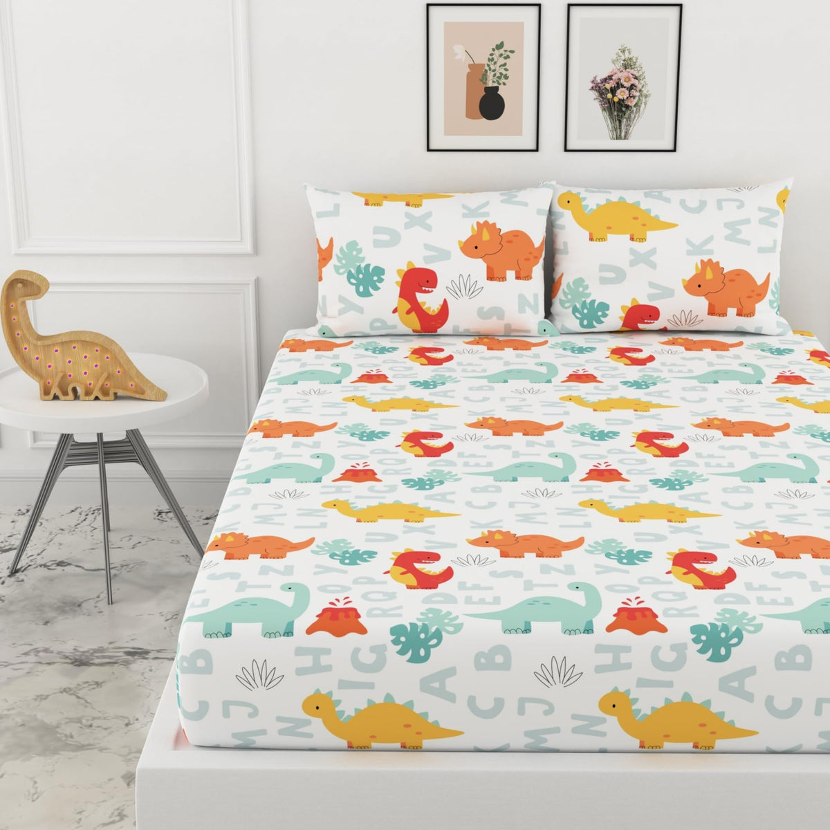 Loreto Cotton King Fitted Bedsheet | Orange & Mint