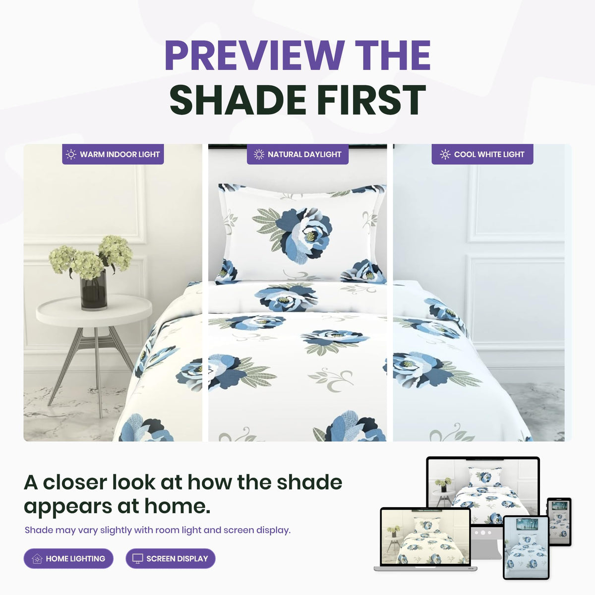 Navy Floral Single Bedsheet - 210 TC 100% Cotton with 1 Pillow Cover (58 x 88 Inches)