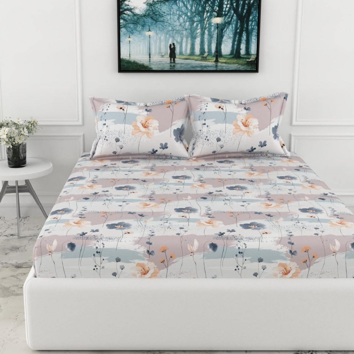 Loreto Blue & Peach Double Fitted Bedsheet | 210 TC | 100% Cotton | Fits 78 x 60 Inches | 8 Inch Pocket - main product image