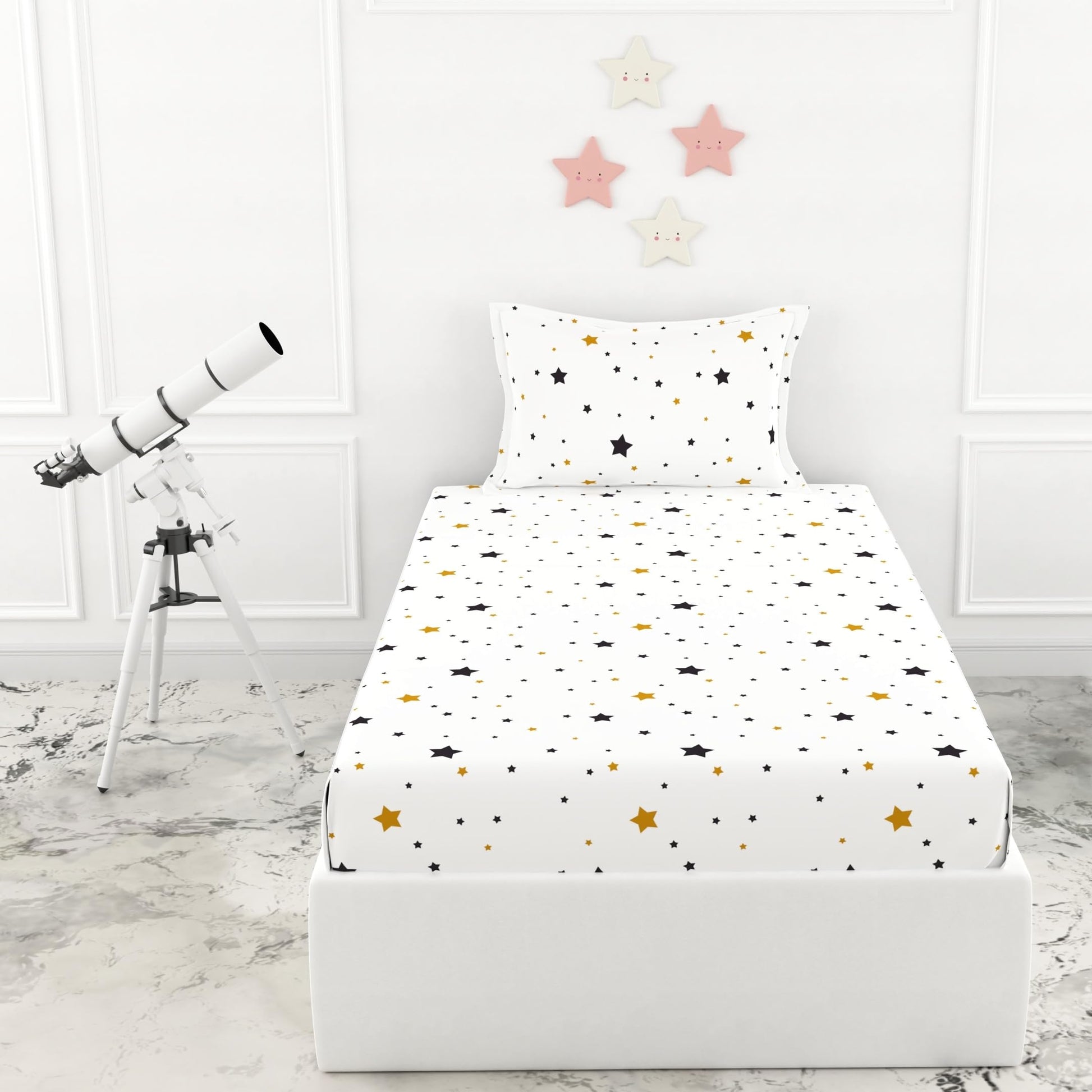 Black & Gold Stars Single Bedsheet - 210 TC 100% Cotton with 1 Pillow Cover (58 x 88 Inches)