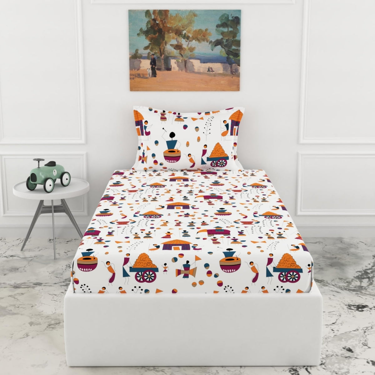Loreto Tribal Motifs Single Fitted Bedsheet | 186 TC | 100% Cotton | Fits 78 x 36 Inches | 8 Inch Pocket - main product image