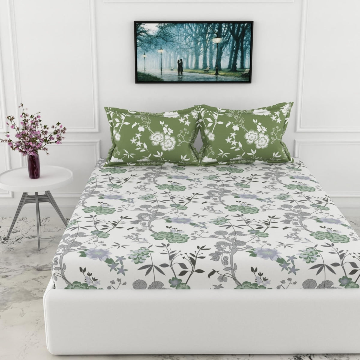 Loreto Sage Green Floral Harmony King Fitted Bedsheet | 144 TC | 100% Cotton | Fits 72 x 72 Inches | 8 Inch Pocket - main product image