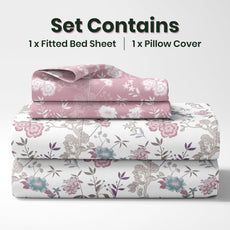 Pink & Teal Blooms 144 TC 100% Cotton Elastic Fitted Single Bedsheet with 1 Pillow Cover - 78 x 36 Inches