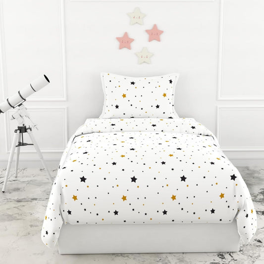 Black & Gold Stars Single Bedsheet - 210 TC 100% Cotton with 1 Pillow Cover (58 x 88 Inches)