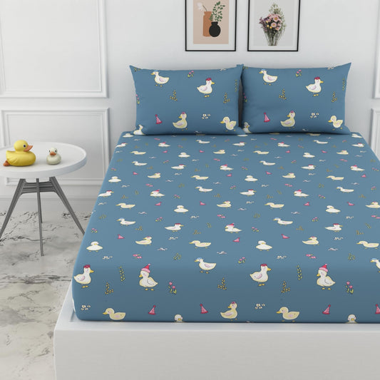 Loreto Cotton King Fitted Bedsheet | Pastel Blue Duck Party