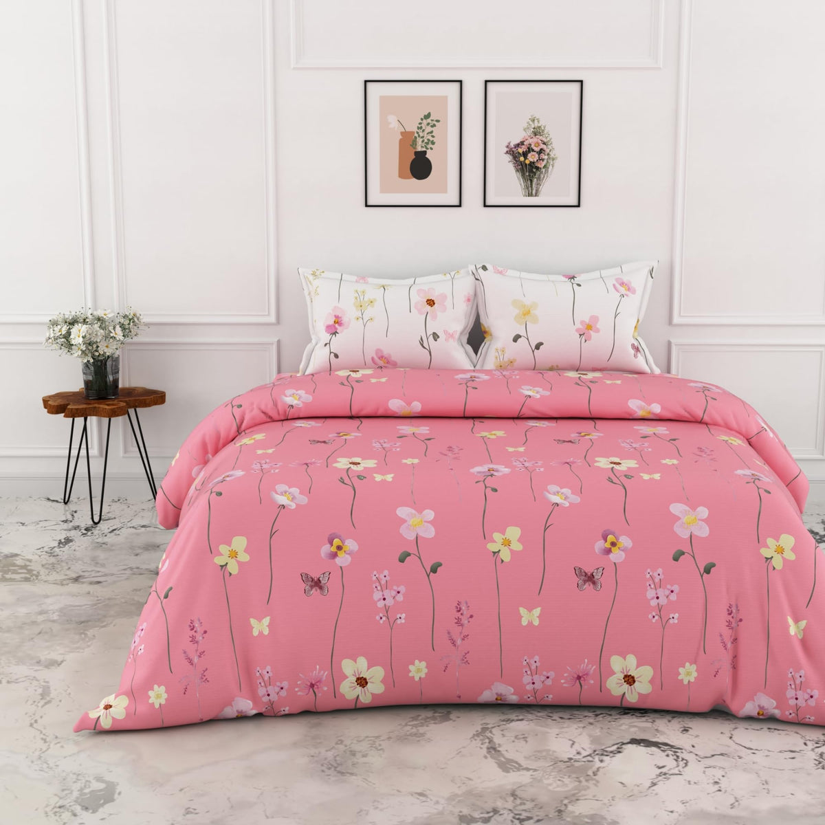 Loreto Pink Floral Blooms & Floral Vines King Bedsheet | 144 TC | 100% Cotton | 104 x 104 Inches - main product image