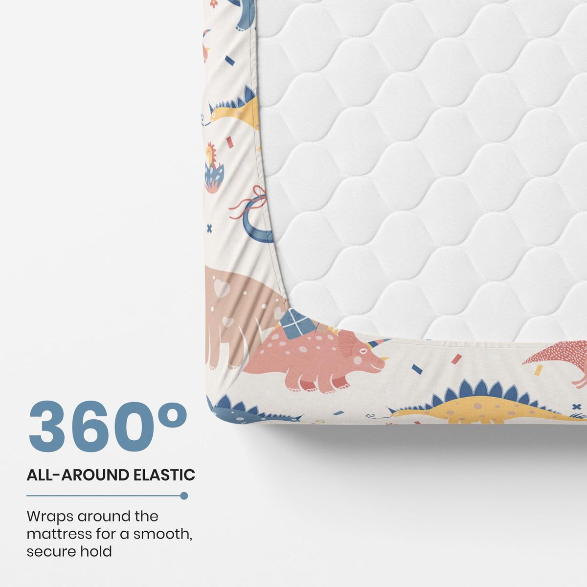 Coral Blue Dino Party 144 TC 100% Cotton Elastic Fitted Single Bedsheet with 1 Pillow Cover - 78 x 36 Inches