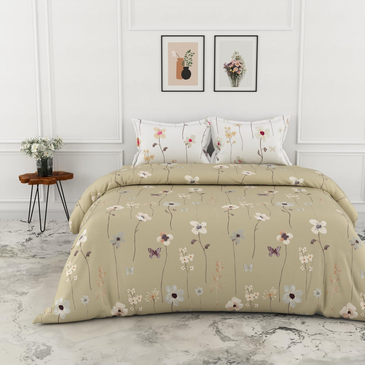 Loreto Khaki Floral Blooms & Floral Vines Double Bedsheet | 144 TC | 100% Cotton | 88 x 90 Inches - main product image
