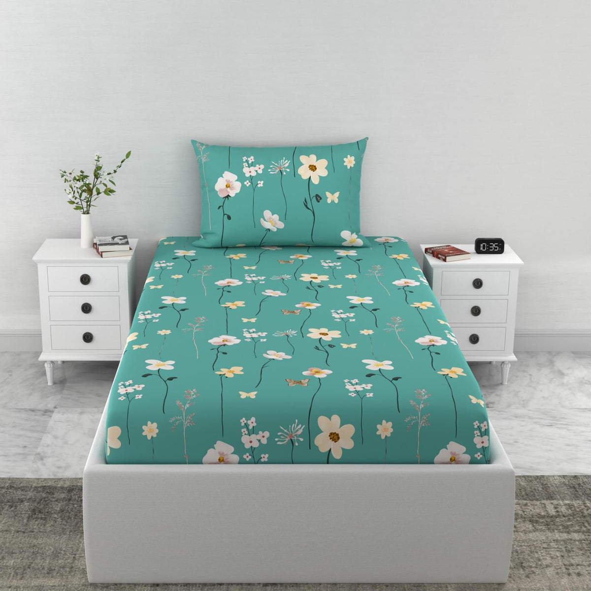 Loreto Teal Floral Blooms Single Fitted Bedsheet | 144 TC | 100% Cotton | Fits 72 x 36 Inches | 8 Inch Pocket - main product image
