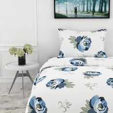 Navy Floral Single Bedsheet - 210 TC 100% Cotton with 1 Pillow Cover (58 x 88 Inches)