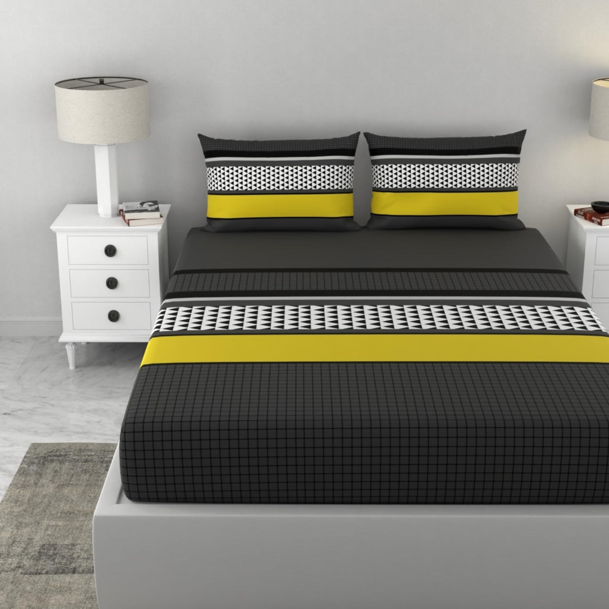 Loreto Cotton Double Bedsheet | Stone Gray and Yellow