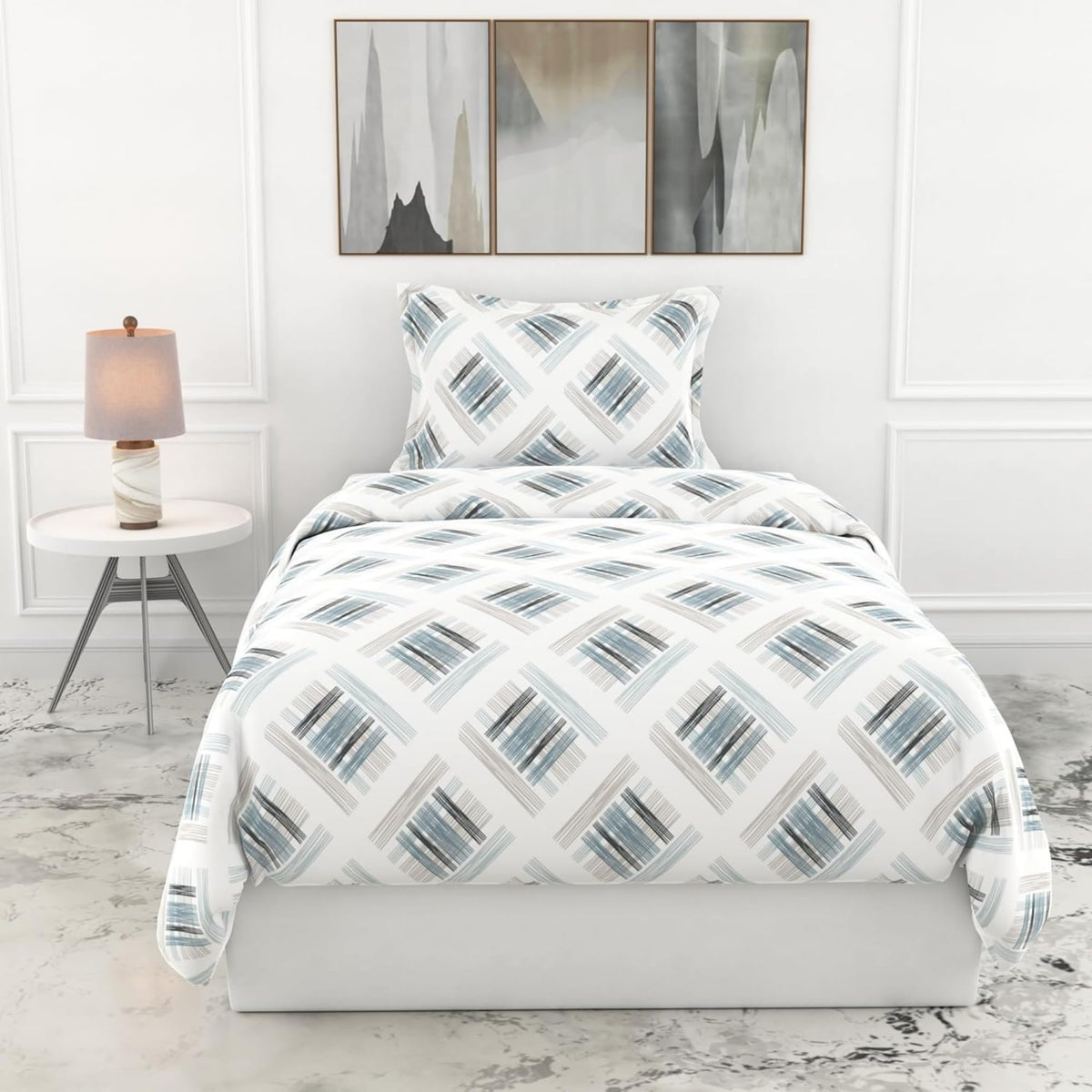 Loreto Cotton Single Flat Bedsheet | Mist & Charcoal Grid 100% Pure Cotton for Bed | 186 TC Soft & Breathable Sheet with | 58 x 88 Inches