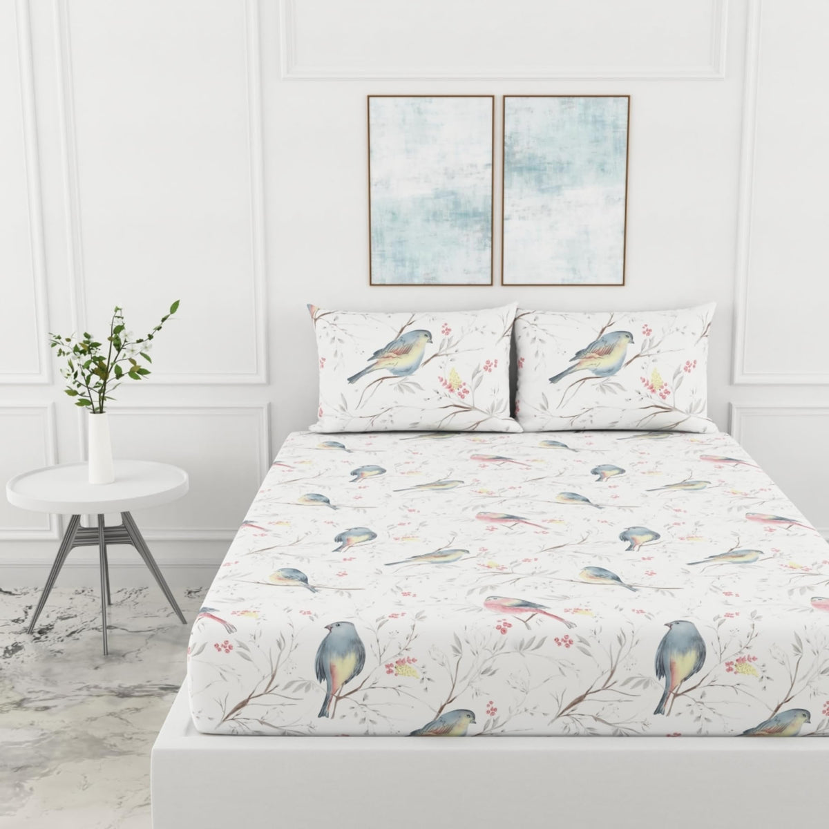 Loreto Cotton King Fitted Bedsheet | Blush Pink & Blue Bird 186 TC Cotton Size with 2 Covers - 78 x 72 Inches | Soft, Breathable & All-Around Elastic