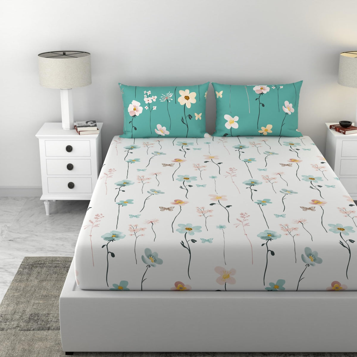 Loreto White Teal Floral Vines & Floral Blooms Double Fitted Bedsheet | 144 TC | 100% Cotton | Fits 72 x 60 Inches | 8 Inch Pocket - main product image