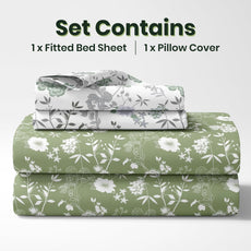 Green Floral Elegance 144 TC 100% Cotton Elastic Fitted Single Bedsheet with 1 Pillow Cover - 78 x 36 Inches