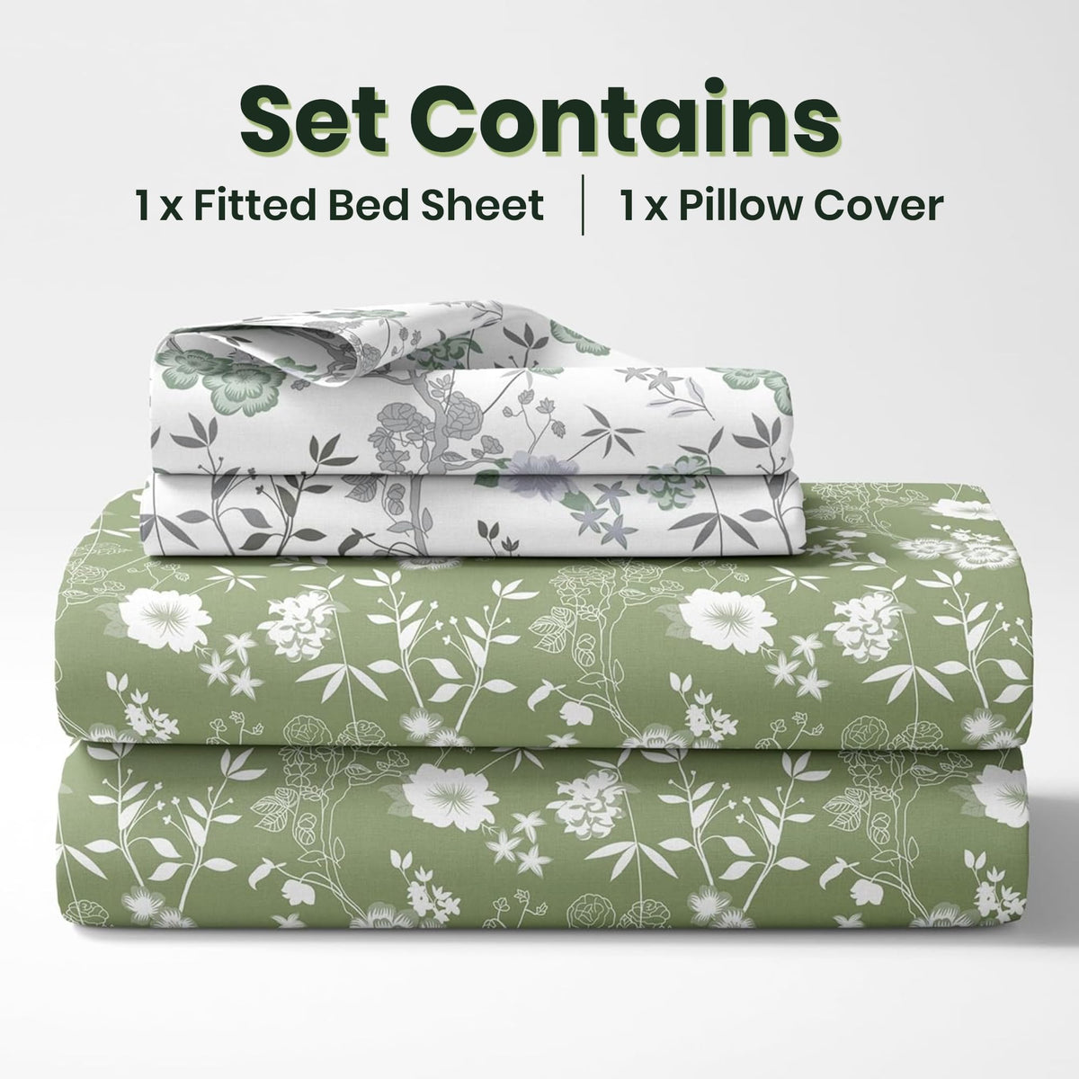 Green Floral Elegance 144 TC 100% Cotton Elastic Fitted Single Bedsheet with 1 Pillow Cover - 78 x 36 Inches