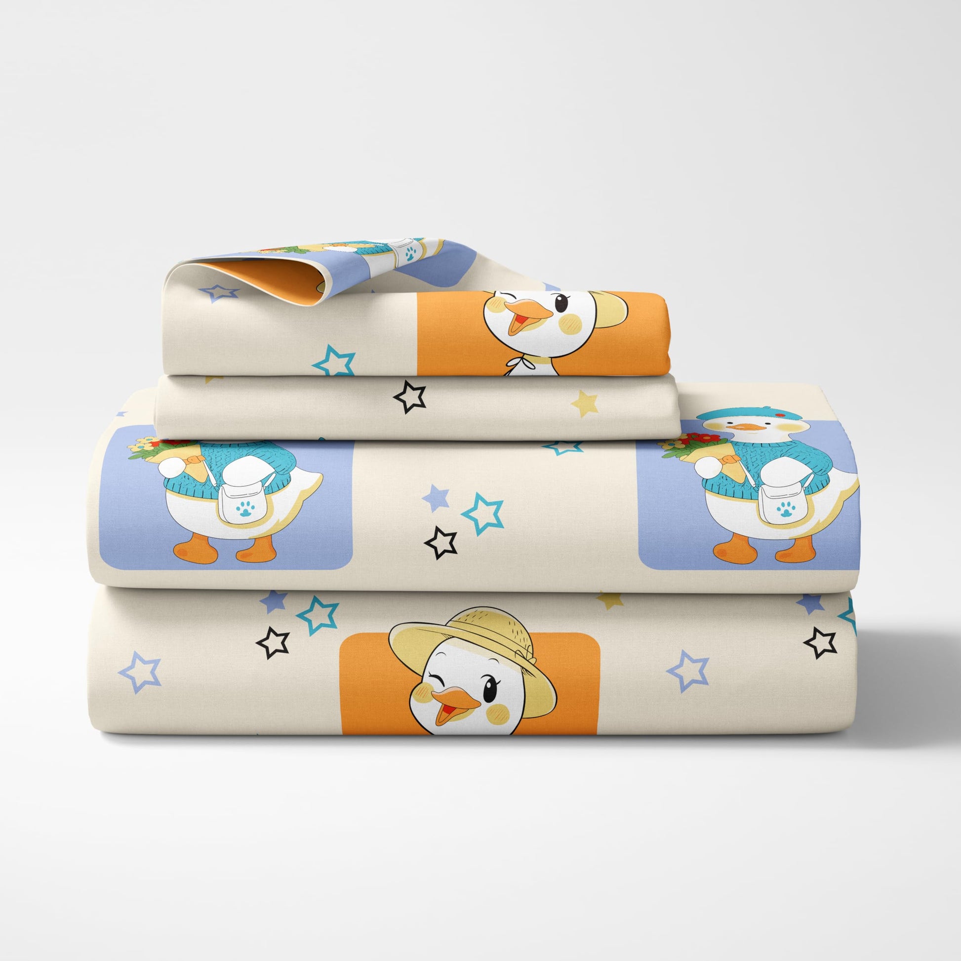 Playful Ducks on Creamy Beige 186 TC Cotton Double Bedsheet, 90 x 90 Inches — Soft Percale Weave with 2 Pillow Covers, Durable & Breathable
