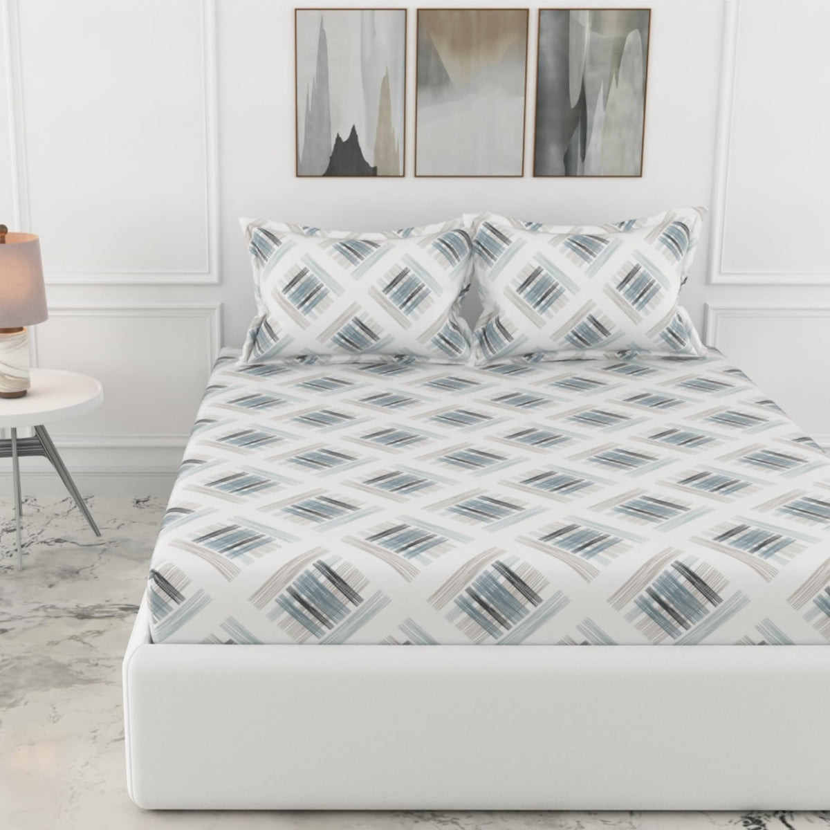 Loreto Mist & Charcoal Grid Double Fitted Bedsheet | 186 TC | 100% Cotton | Fits 78 x 60 Inches | 8 Inch Pocket - main product image