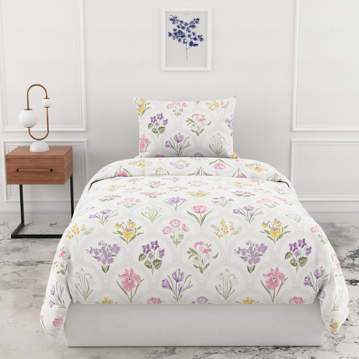 Loreto White Pink & Lavender Pastel Floral Single Bedsheet | 186 TC | 100% Cotton | 58 x 88 Inches - main product image
