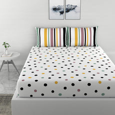 Loreto Cotton King Fitted Bedsheet | Lemon Drops with Black Dots Polka Dots