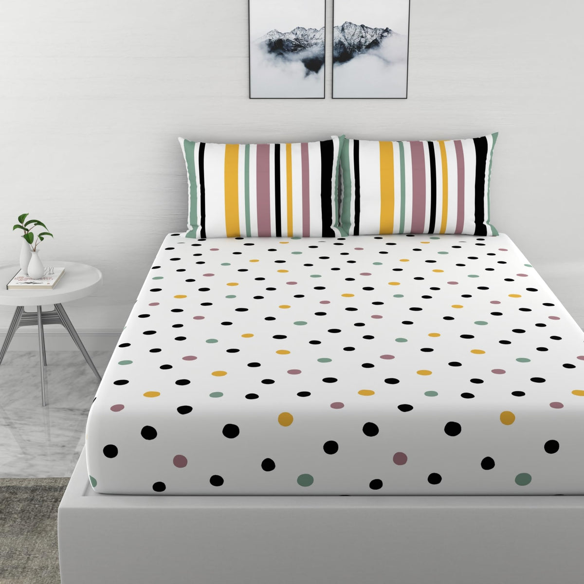 Loreto Cotton King Fitted Bedsheet | Lemon Drops with Black Dots Polka Dots