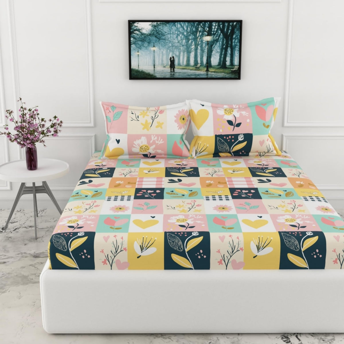 Loreto Pastel Garden King Fitted Bedsheet | 186 TC | 100% Cotton | Fits 78 x 72 Inches | 8 Inch Pocket - main product image