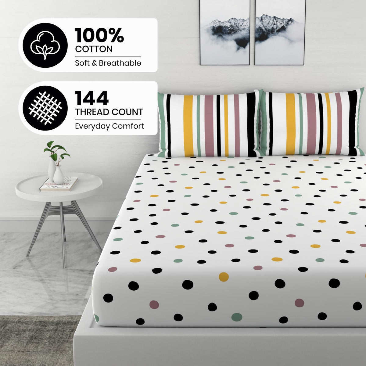 लेमन ड्रॉप्स विद ब्लैक डॉट्स पोल्का डॉट्स 100% कॉटन किंग फिटेड बेडशीट, 144 TC