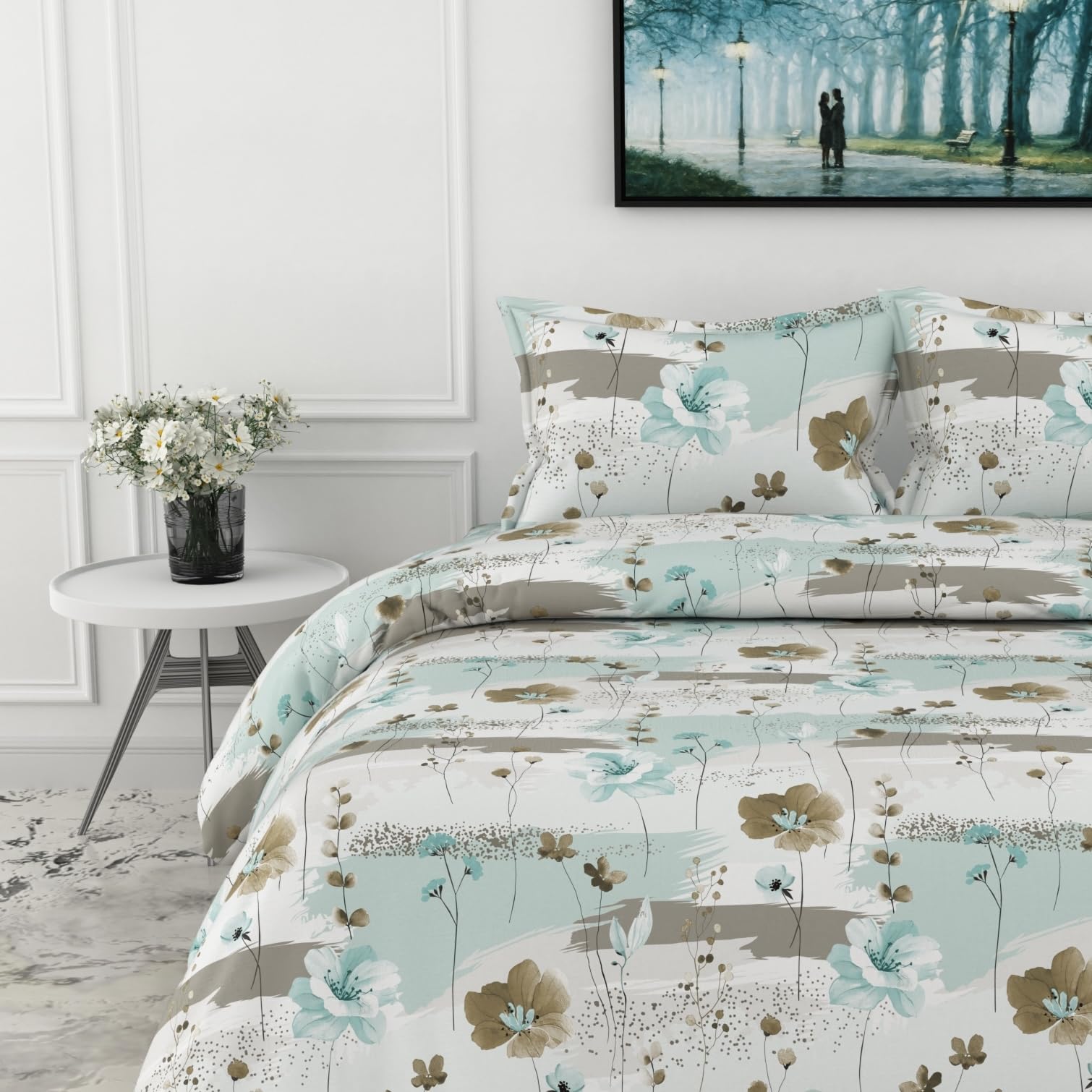Green & Beige Double Bedsheet - 210 TC 100% Cotton with 2 Pillow Covers (90 x 90 Inches)