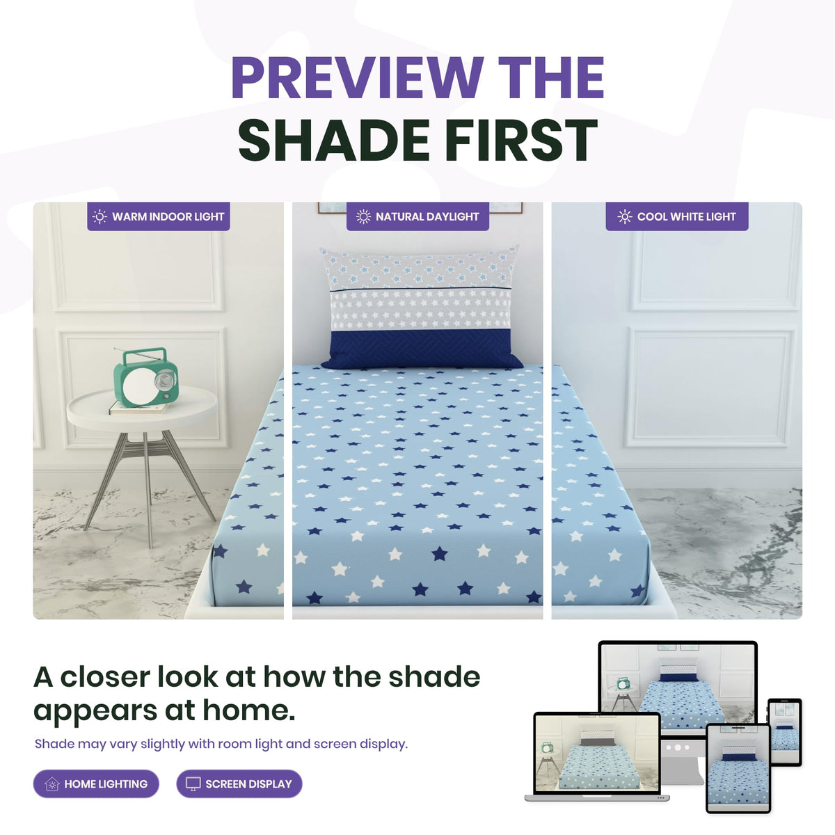 Nile Blue Stars 144 TC 100% Cotton Elastic Fitted Single Bedsheet with 1 Pillow Cover - 78 x 36 Inches