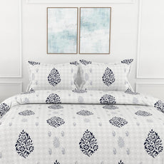 Navy Blue Floral Motif 186 TC Cotton King Size Elastic Fitted Bedsheet with 2 Pillow Covers - 78 x 72 Inches