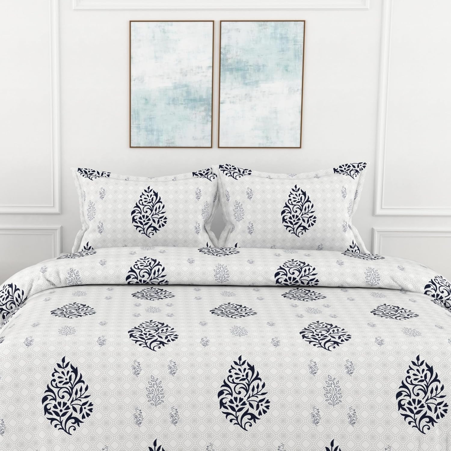 Navy Blue Floral Motif 186 TC Cotton King Size Elastic Fitted Bedsheet with 2 Pillow Covers - 78 x 72 Inches