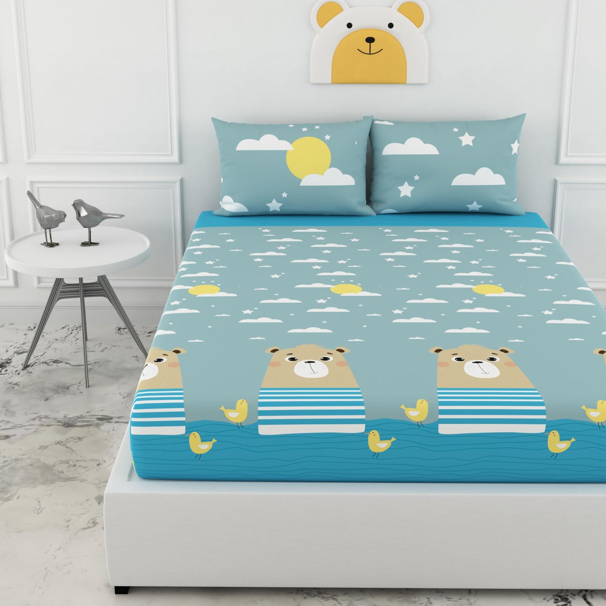 Loreto Aqua Blue Bear & Duck Double Fitted Bedsheet | 186 TC | 100% Cotton | Fits 78 x 60 Inches | 8 Inch Pocket - main product image