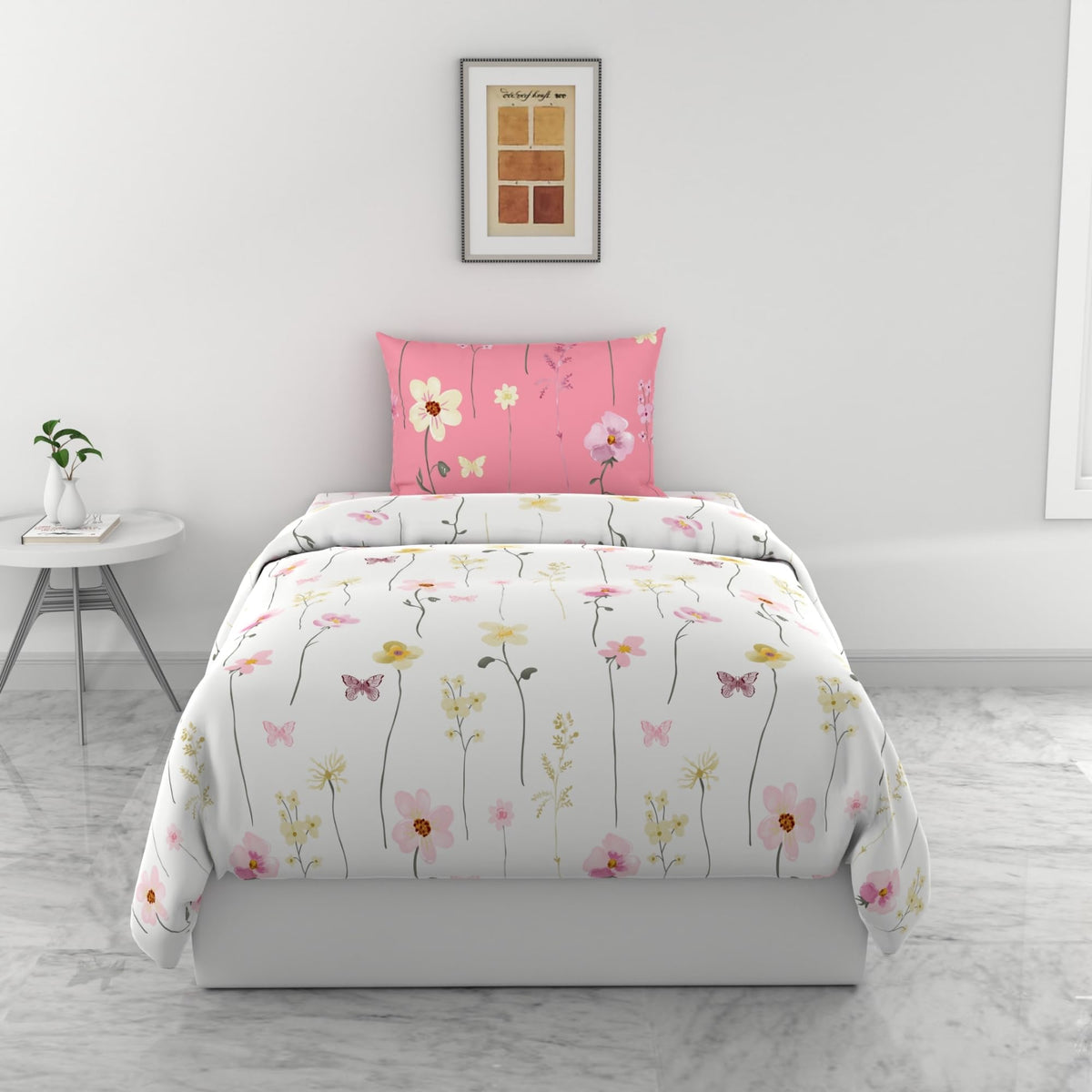 Loreto White Pink Floral Vines & Floral Blooms Single Bedsheet | 144 TC | 100% Cotton | 54 x 84 Inches - main product image