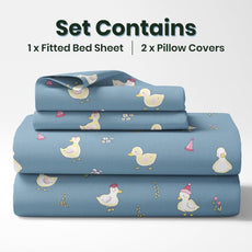 Pastel Blue Duck Party 100% Cotton King Size Fitted Bedsheet with 2 Pillow Covers, 144 TC, 78 x 72 Inches