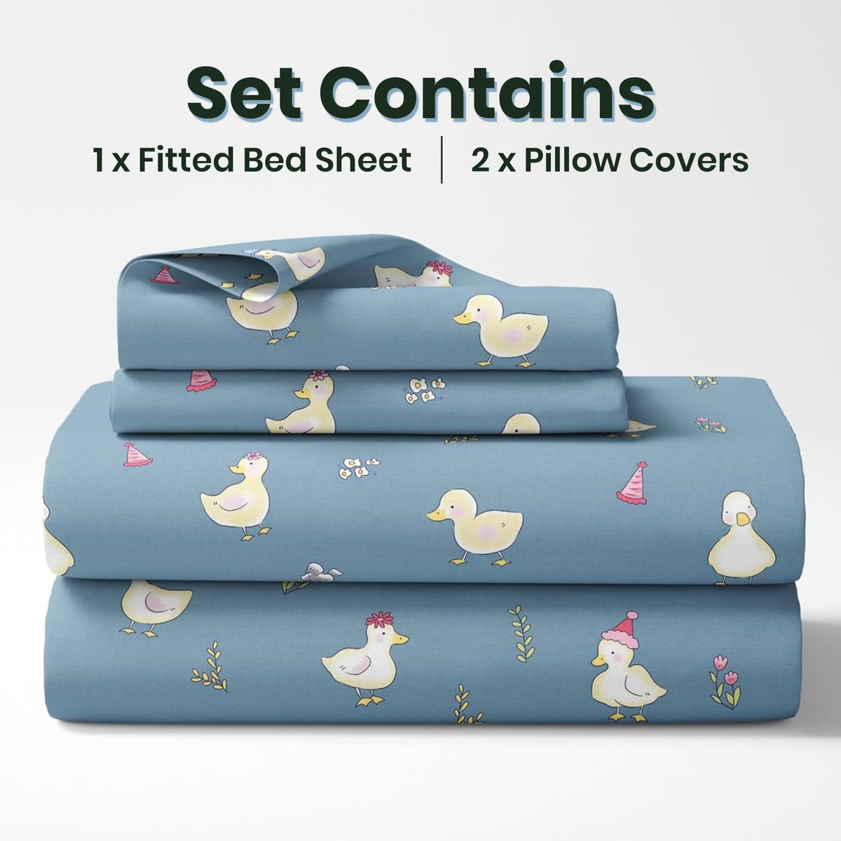 Pastel Blue Duck Party 100% Cotton King Size Fitted Bedsheet with 2 Pillow Covers, 144 TC, 78 x 72 Inches