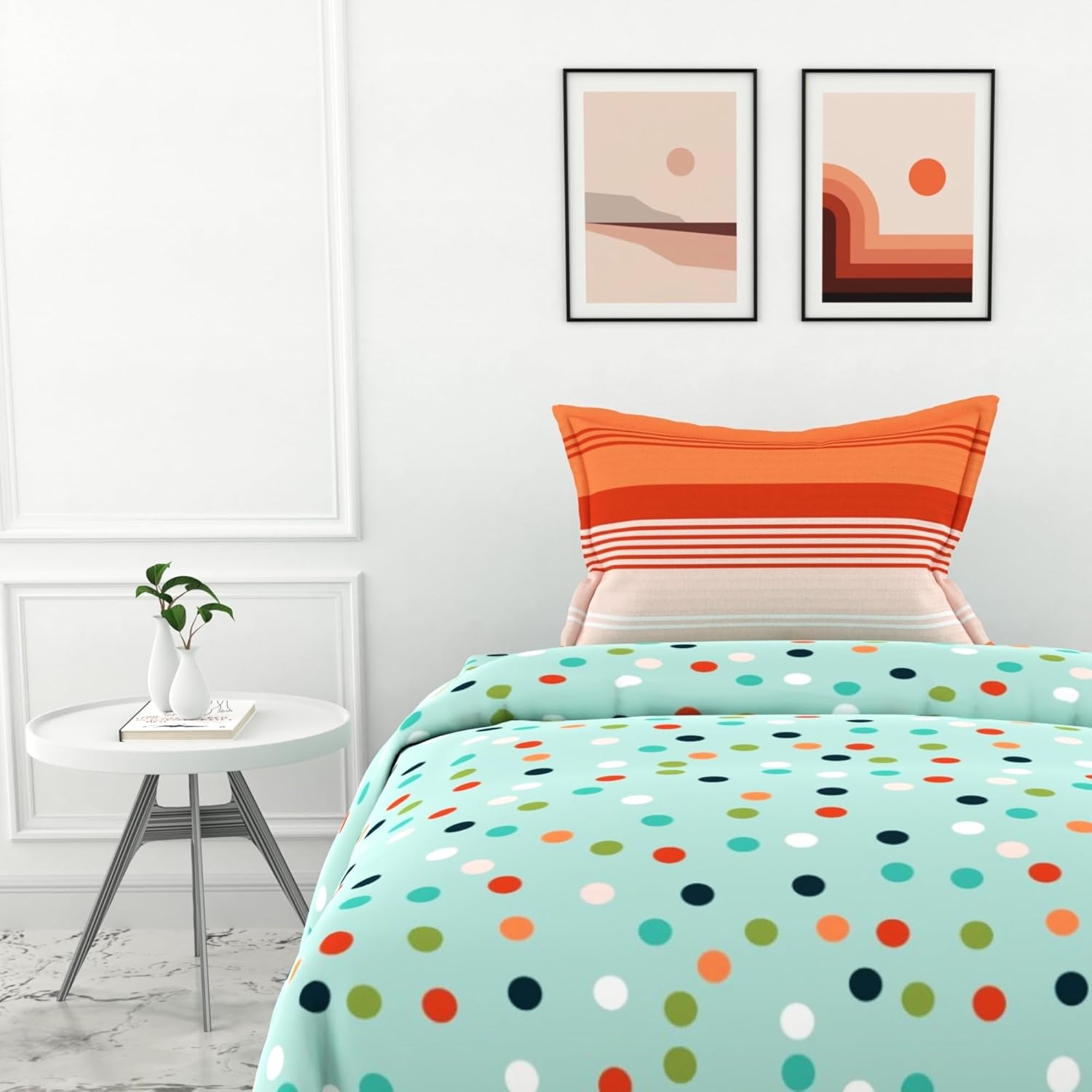 Sea Green and Red Polka 100% Cotton Flat Single Bedsheet, 144 TC
