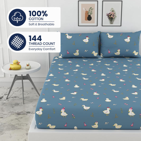 Pastel Blue Duck Party 100% Cotton Double Fitted Bedsheet with 2 Pillow Covers, 144 TC, 78 x 60 Inches