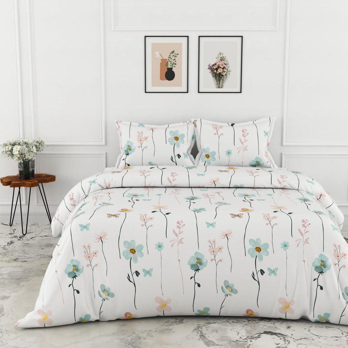 Loreto White Teal Floral Vines Double Bedsheet | 144 TC | 100% Cotton | 88 x 90 Inches - main product image