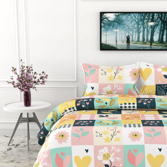 Pastel Garden on White Grid 186 TC Cotton Double Bedsheet, 90 x 90 Inches - Soft Percale Weave with 2 Pillow Covers, Durable & Breathable