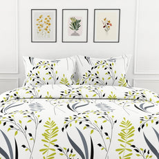 Olive & Charcoal Leaf 186 TC Cotton Fitted Bedsheet for King Size Bed with 2 Pillow Covers - Deep Pocket Elastic, 78 x 72 Inches