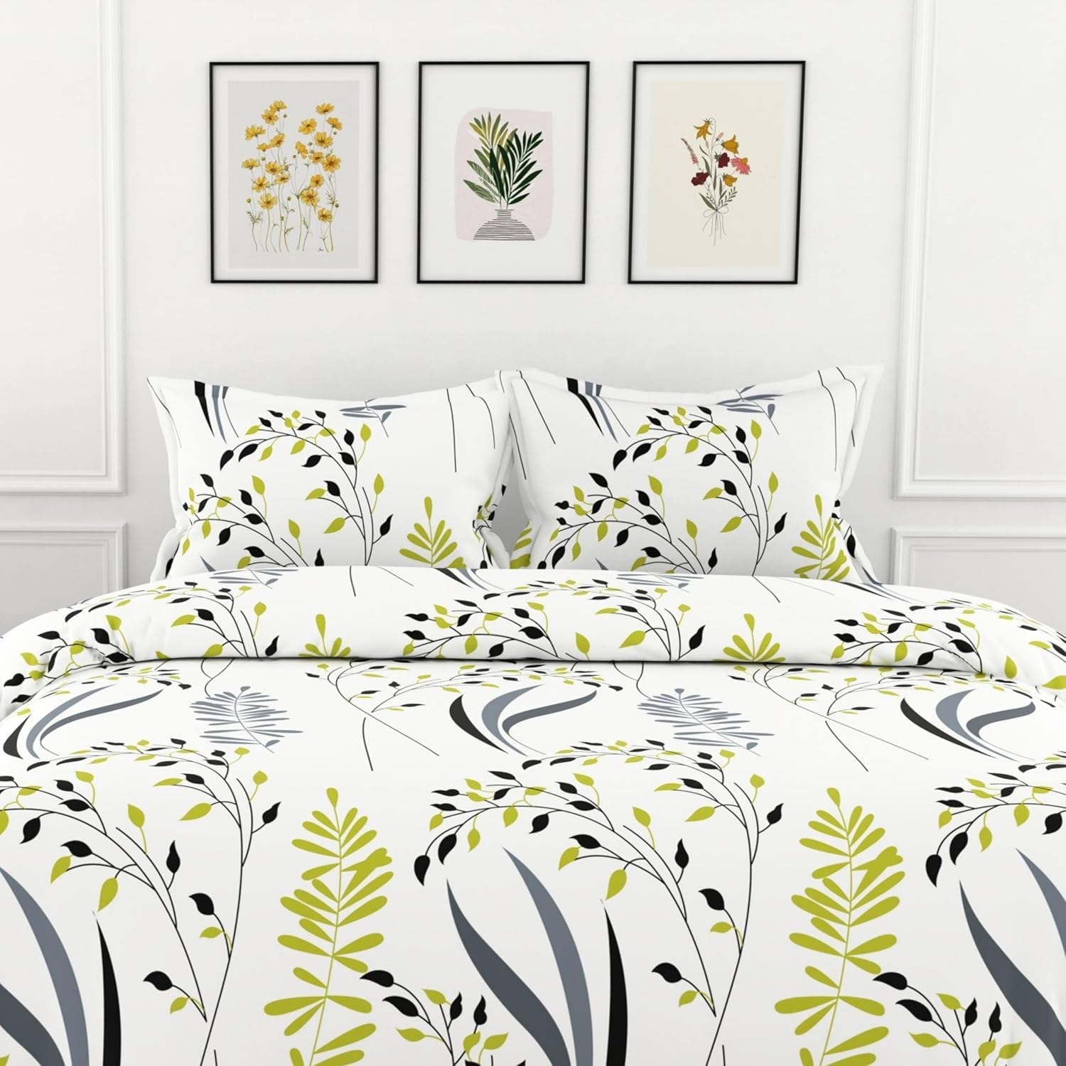 Olive & Charcoal Leaf 186 TC Cotton Fitted Bedsheet for King Size Bed with 2 Pillow Covers - Deep Pocket Elastic, 78 x 72 Inches