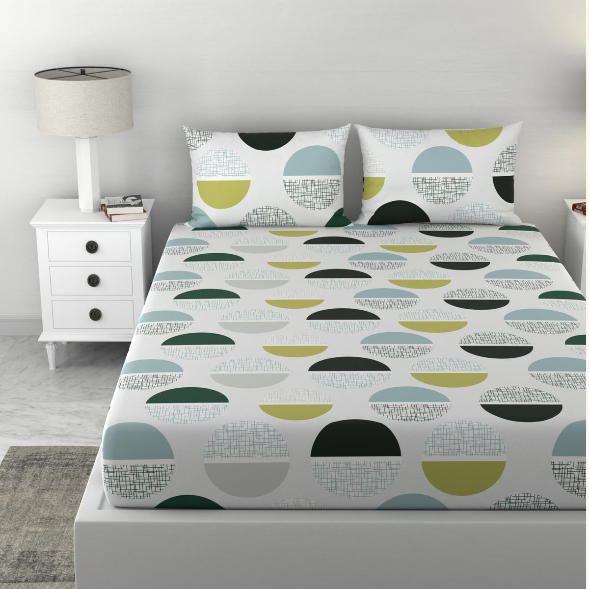 Loreto Cotton King Fitted Bedsheet | Charcoal Grey & Yellow Modern Geometric