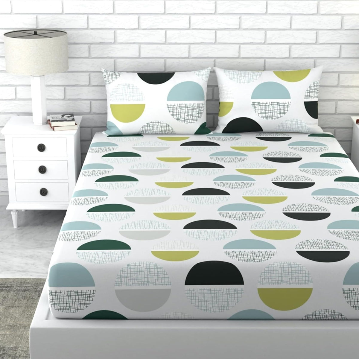 Loreto Cotton Double Bedsheet | Muted Grey and Lime Circle Design