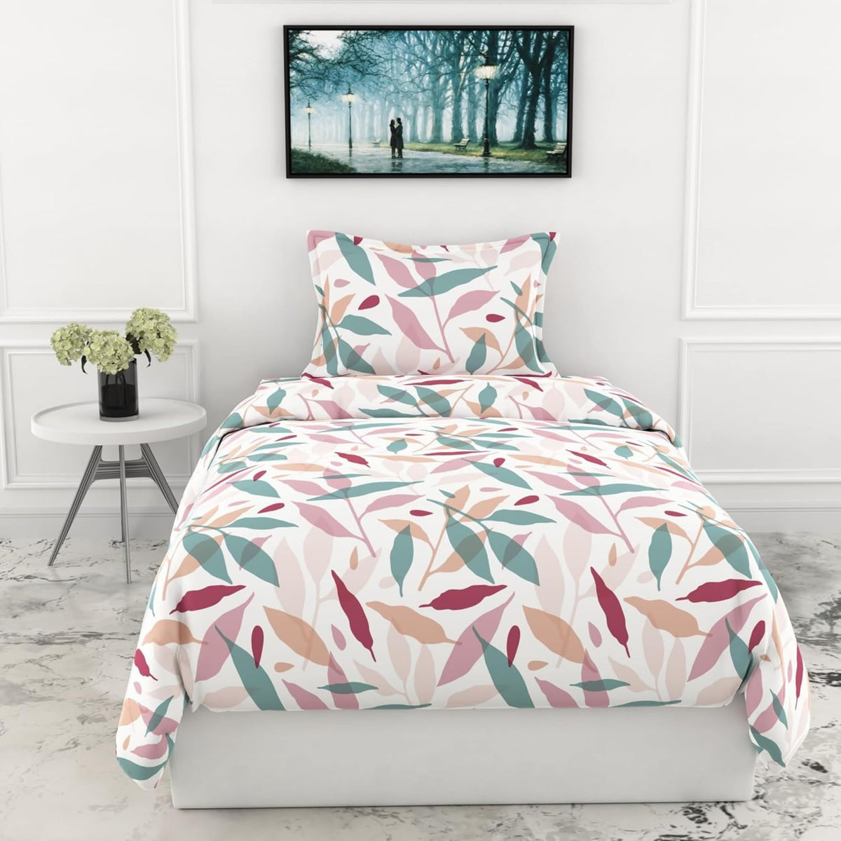 Pink Leaf Whisper Single Bedsheet - 210 TC 100% Cotton with 1 Pillow Cover (58 x 88 Inches)