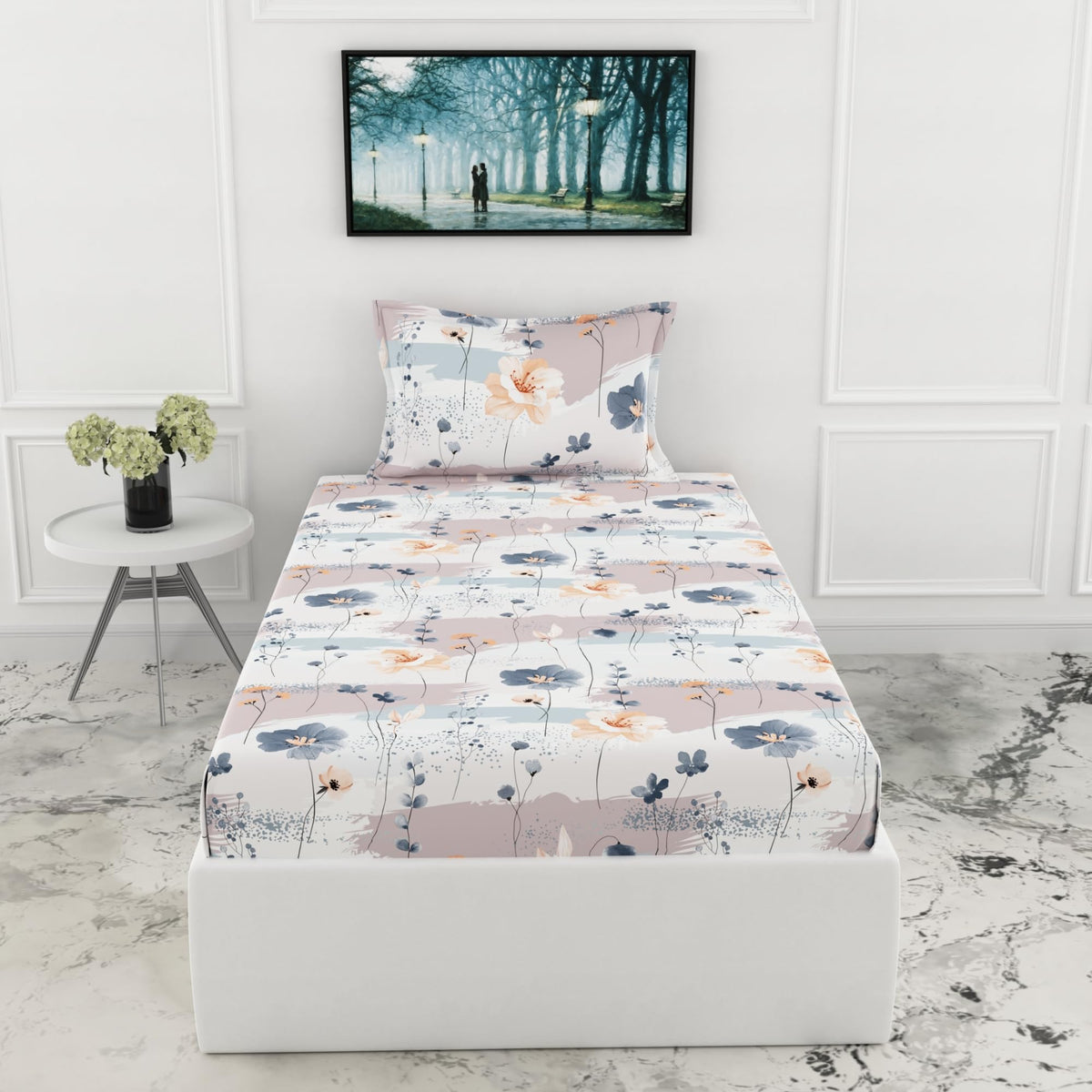 Loreto Blue & Peach Single Fitted Bedsheet | 210 TC | 100% Cotton | Fits 78 x 36 Inches | 8 Inch Pocket - main product image